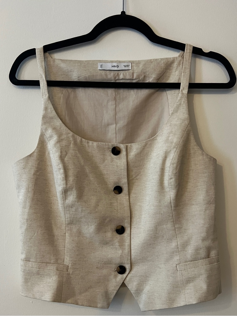 Mango Women's Cream Button-Front Sleeveless Linen Blend Vest Sz Small